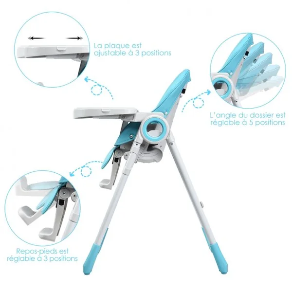 Chaise Haute 2 en 1 pour Bébé de 6-36 Mois Pliable Hauteur et Angle Réglables Capacité 20kg en PP 56x72x100cm Bleu