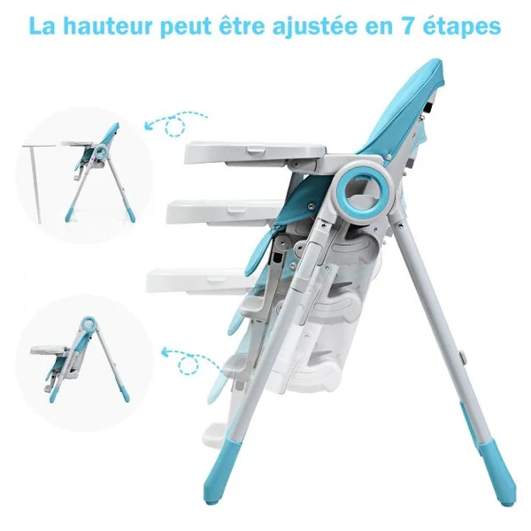 Chaise Haute 2 en 1 pour Bébé de 6-36 Mois Pliable Hauteur et Angle Réglables Capacité 20kg en PP 56x72x100cm Bleu