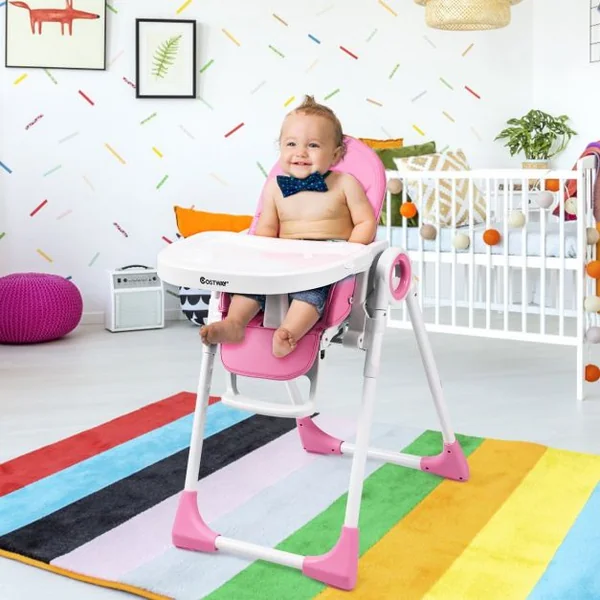 Chaise Haute 2 en 1 pour Bébé de 6-36 Mois Pliable Hauteur et Angle Réglables Capacité 20kg en PP 56x72x100cm Rose