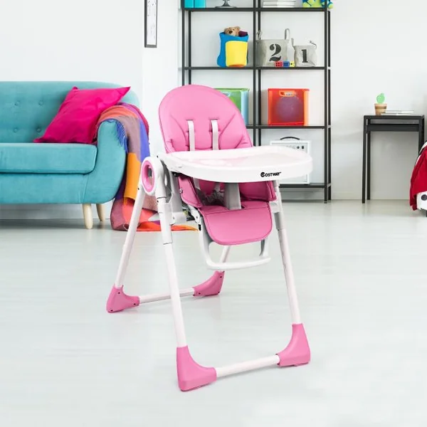 Chaise Haute 2 en 1 pour Bébé de 6-36 Mois Pliable Hauteur et Angle Réglables Capacité 20kg en PP 56x72x100cm Rose