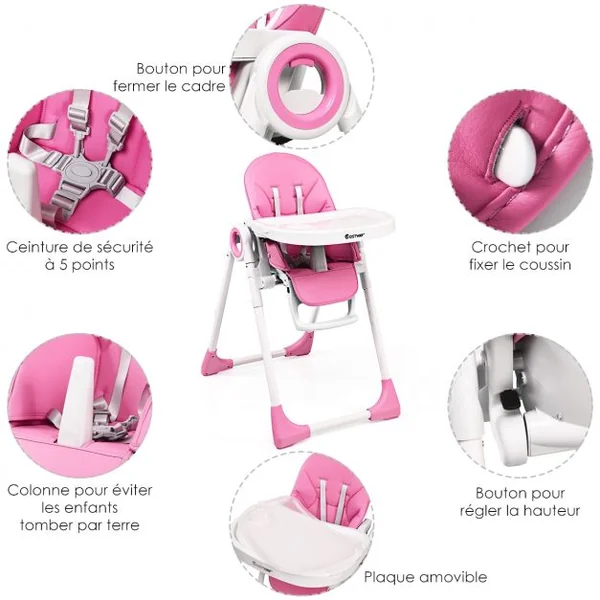 Chaise Haute 2 en 1 pour Bébé de 6-36 Mois Pliable Hauteur et Angle Réglables Capacité 20kg en PP 56x72x100cm Rose