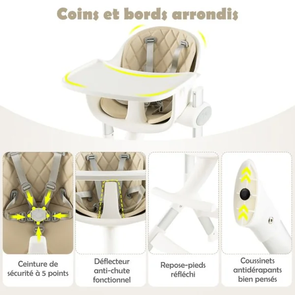 Chaise Haute Bébé Convertible 4-en-1 Hauteur Réglable Plateau Réglable et Coussin de Siège Amovible 6-36 Mois 15KG Beige
