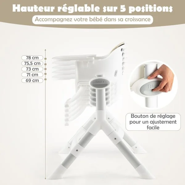 Chaise Haute Bébé Convertible 4-en-1 Hauteur Réglable Plateau Réglable et Coussin de Siège Amovible 6-36 Mois 15KG Beige