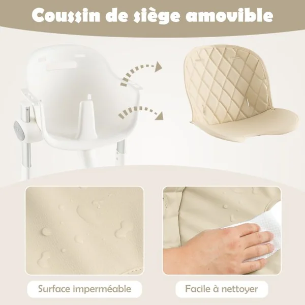 Chaise Haute Bébé Convertible 4-en-1 Hauteur Réglable Plateau Réglable et Coussin de Siège Amovible 6-36 Mois 15KG Beige