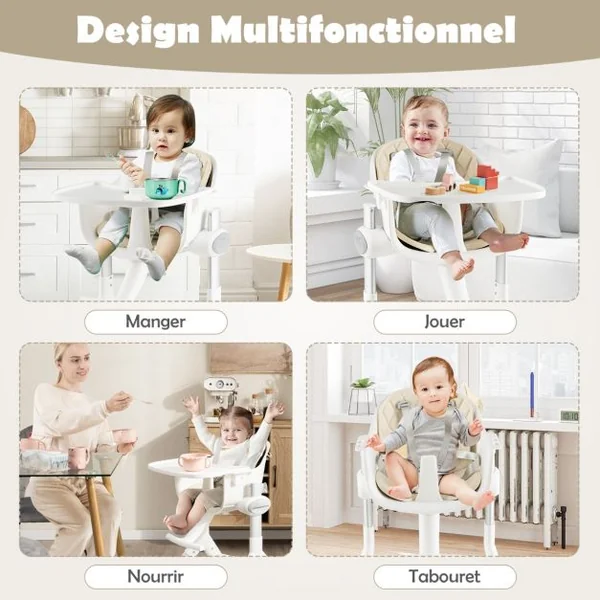 Chaise Haute Bébé Convertible 4-en-1 Hauteur Réglable Plateau Réglable et Coussin de Siège Amovible 6-36 Mois 15KG Beige