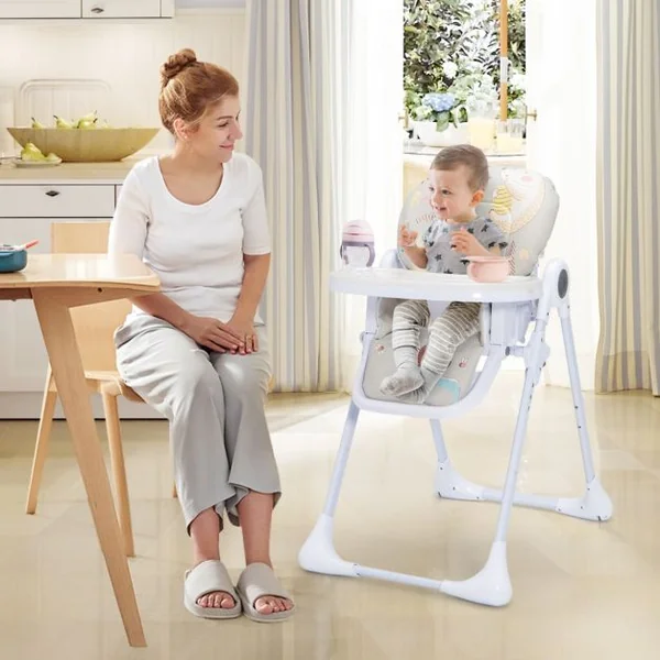 Chaise Haute Bébé Convertible Pliable 3 Angle Inclinable Hauteur Réglable Dossier Repose-Pieds Double Plateau Amovible Gris