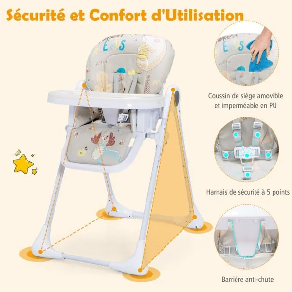 Chaise Haute Bébé Convertible Pliable 3 Angle Inclinable Hauteur Réglable Dossier Repose-Pieds Double Plateau Amovible Gris