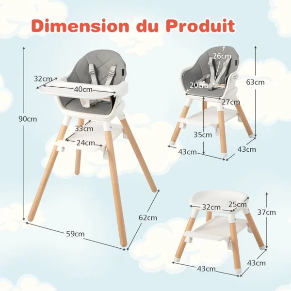 Chaise Haute Bébé Convertible Repose-pied Double Face comme Plateau de Rangement Plateau Double et Coussin Amovible Blanc