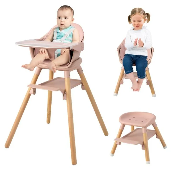 Chaise Haute Bébé Convertible Repose-pied Double Face comme Plateau de Rangement Plateau Double et Coussin Amovible Rose