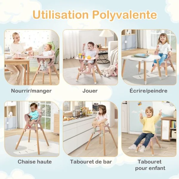 Chaise Haute Bébé Convertible Repose-pied Double Face comme Plateau de Rangement Plateau Double et Coussin Amovible Rose