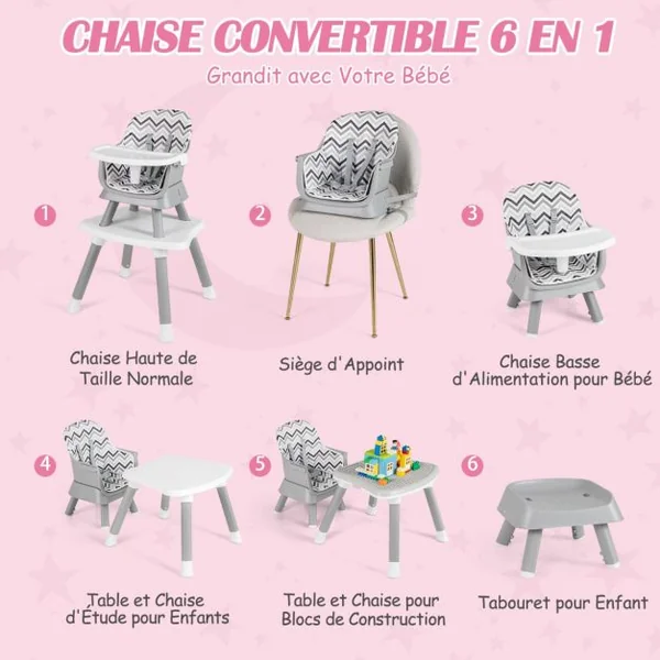 Chaise Haute Bébé Evolutive 6 en 1 avec Plateau Blocs de Construction Amovible Harnais à 5 Points Charge 25kg 6-36 Mois 10 Couleurs au Choix