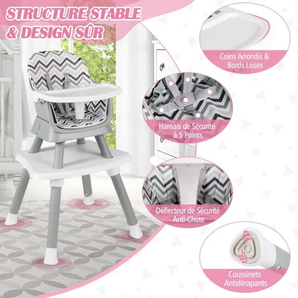 Chaise Haute Bébé Evolutive 6 en 1 avec Plateau Blocs de Construction Amovible Harnais à 5 Points Charge 25kg 6-36 Mois 10 Couleurs au Choix