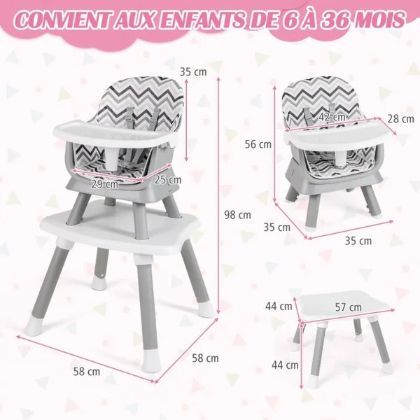 Chaise Haute Bébé Evolutive 6 en 1 avec Plateau Blocs de Construction Amovible Harnais à 5 Points Charge 25kg 6-36 Mois 10 Couleurs au Choix