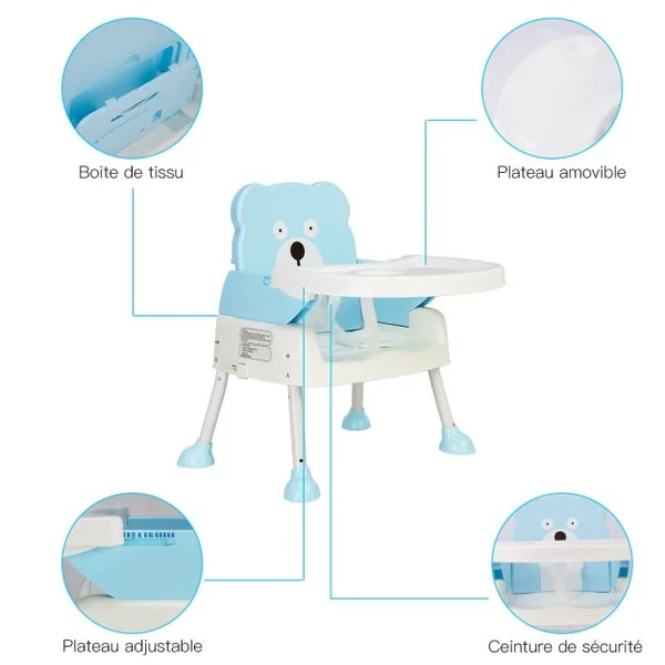 Chaise haute bébé pliable Hauteur et ceinture réglables Dossier et tablette inclinables en PP/ acier, 61x62x89cm, Bleu