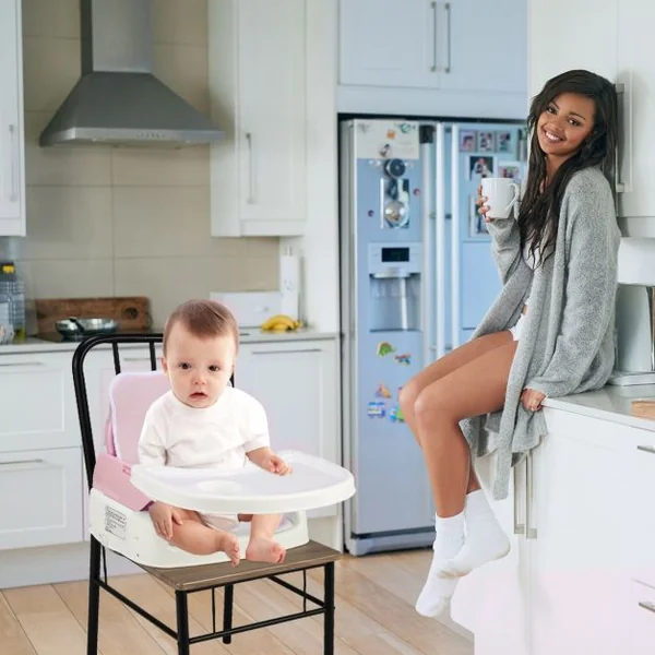 Chaise haute bébé pliable Hauteur et ceinture réglables Dossier et tablette inclinables en PP/ acier, 61x62x89cm, Rose