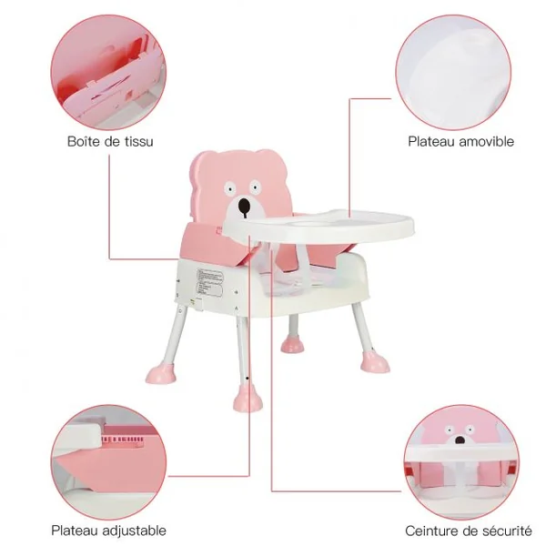 Chaise haute bébé pliable Hauteur et ceinture réglables Dossier et tablette inclinables en PP/ acier, 61x62x89cm, Rose