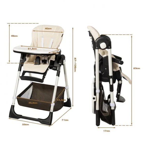 Chaise Haute Bébé Pliable pour 0-5Ans Charge 15KG 6 Réglages en Hauteur Beige