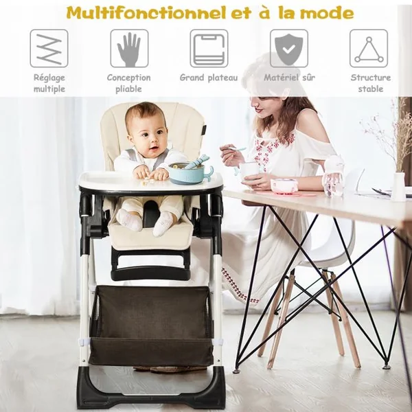 Chaise Haute Bébé Pliable pour 0-5Ans Charge 15KG 6 Réglages en Hauteur Beige