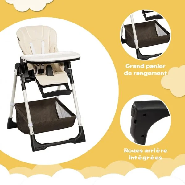 Chaise Haute Bébé Pliable pour 0-5Ans Charge 15KG 6 Réglages en Hauteur Beige