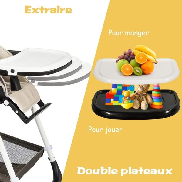 Chaise Haute Bébé Pliable pour 0-5Ans Charge 15KG 6 Réglages en Hauteur Beige