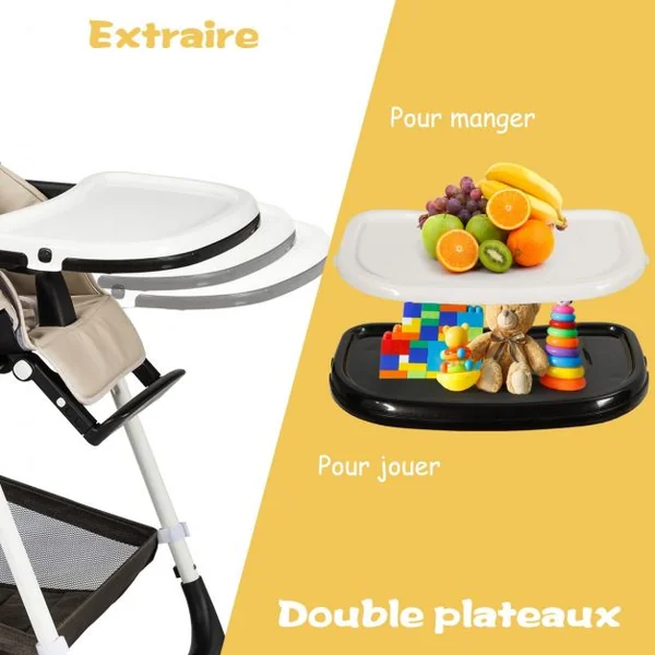Chaise Haute Bébé Pliable pour 0-5Ans Charge 15KG 6 Réglages en Hauteur Marron