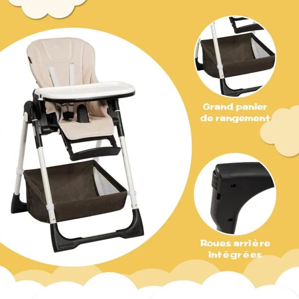 Chaise Haute Bébé Pliable pour 0-5Ans Charge 15KG 6 Réglages en Hauteur Marron