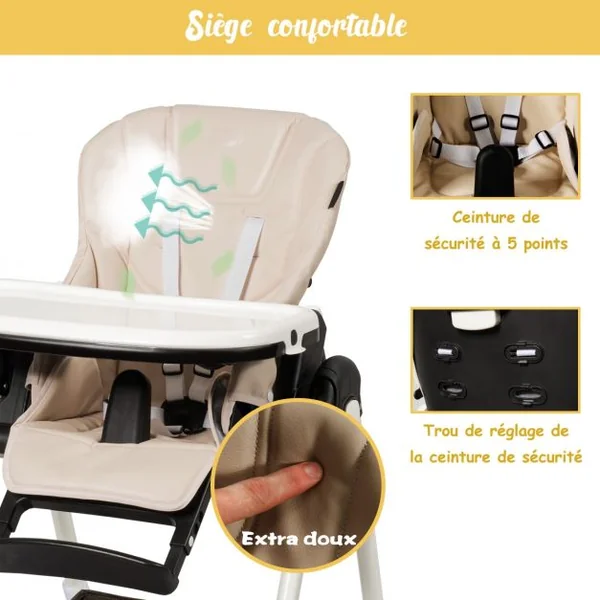 Chaise Haute Bébé Pliable pour 0-5Ans Charge 15KG 6 Réglages en Hauteur Marron