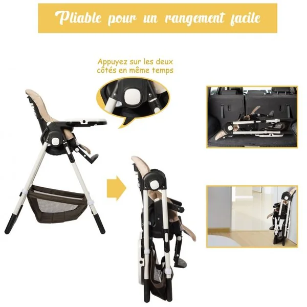Chaise Haute Bébé Pliable pour 0-5Ans Charge 15KG 6 Réglages en Hauteur Marron
