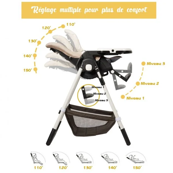 Chaise Haute Bébé Pliable pour 0-5Ans Charge 15KG 6 Réglages en Hauteur Marron