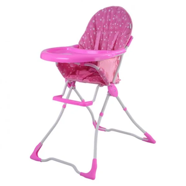 Chaise Haute en Métal pour Bébé Tablette en Plastique Légère Pliable & Compacte Harnais de Sécurité, 74x47x99cm, Rose