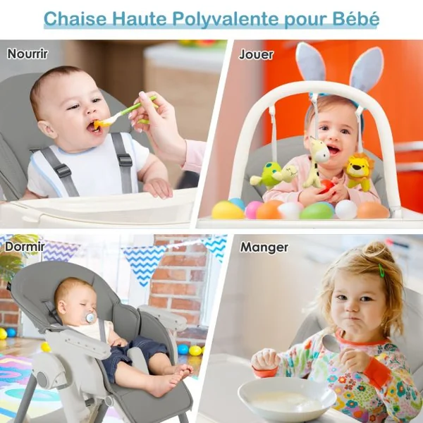 Chaise Haute Pliable pour Bébé 4 En 1 avec 7 Hauteurs Repose-Pieds Rétractable Réglable Roues Verrouillables Coussin Amovible Double Plateau Gris