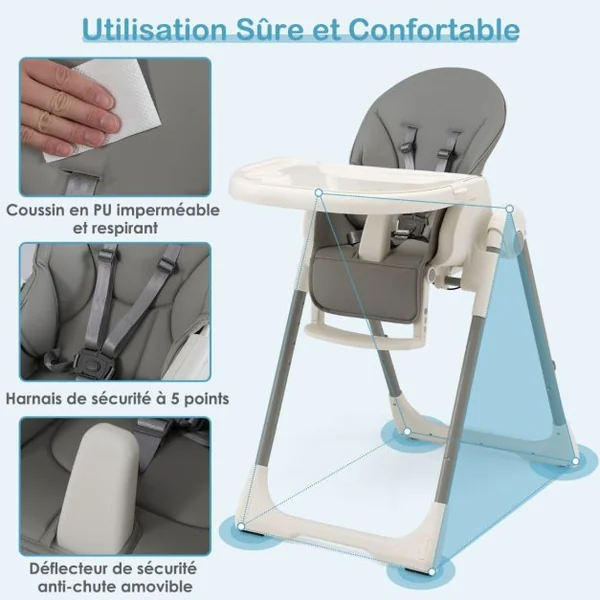 Chaise Haute Pliable pour Bébé 4 En 1 avec 7 Hauteurs Repose-Pieds Rétractable Réglable Roues Verrouillables Coussin Amovible Double Plateau Gris