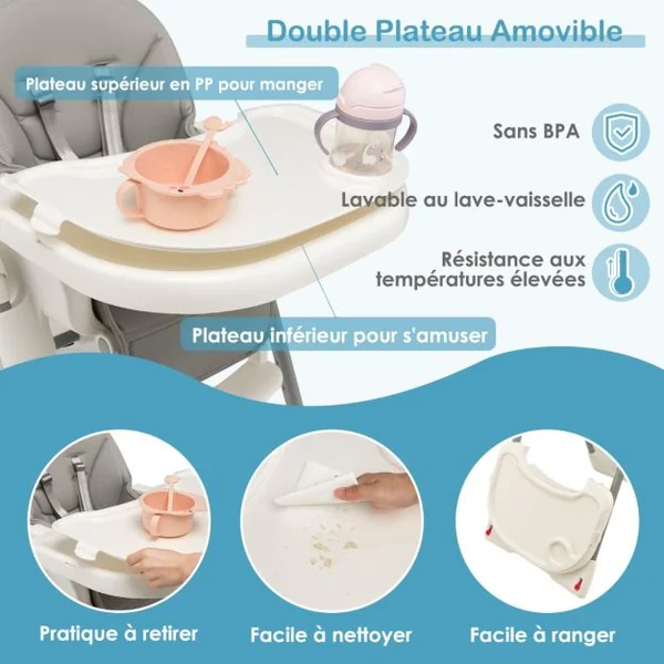 Chaise Haute Pliable pour Bébé 4 En 1 avec 7 Hauteurs Repose-Pieds Rétractable Réglable Roues Verrouillables Coussin Amovible Double Plateau Gris