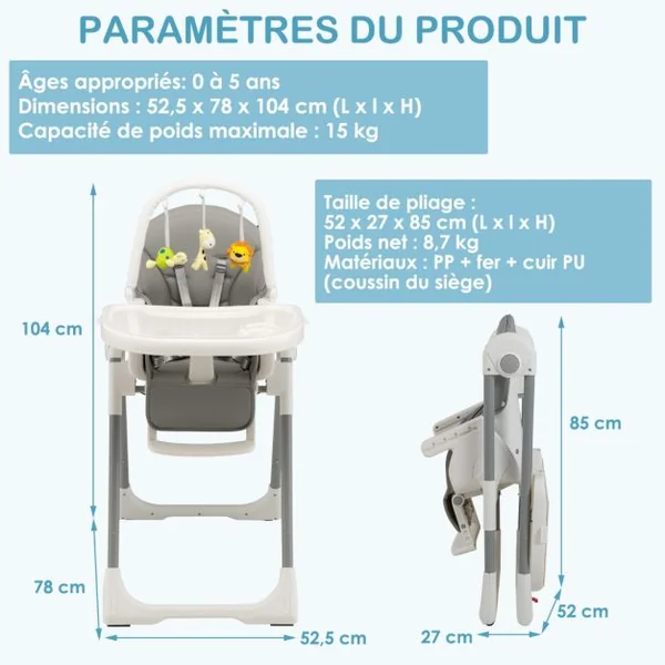 Chaise Haute Pliable pour Bébé 4 En 1 avec 7 Hauteurs Repose-Pieds Rétractable Réglable Roues Verrouillables Coussin Amovible Double Plateau Gris