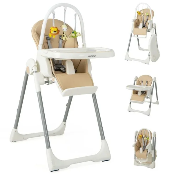 Chaise Haute Pliable pour Bébé 4 En 1 avec 7 Hauteurs Repose-Pieds Rétractable Réglable Roues Verrouillables Coussin Amovible Double Plateau Jaune