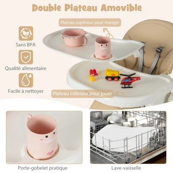 Chaise Haute Pliable pour Bébé 4 En 1 avec 7 Hauteurs Repose-Pieds Rétractable Réglable Roues Verrouillables Coussin Amovible Double Plateau Jaune