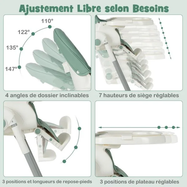 Chaise Haute Pliable pour Bébé 4 En 1 avec 7 Hauteurs Repose-Pieds Rétractable Réglable Roues Verrouillables Coussin Amovible Double Plateau Vert