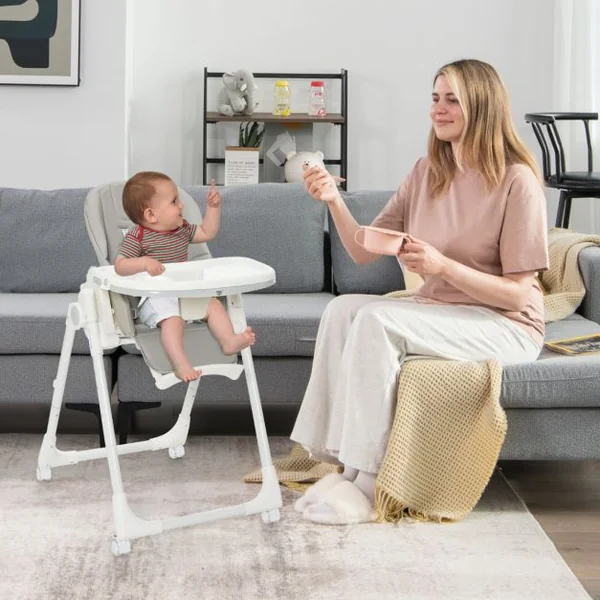 Chaise Haute Pliante Bébé avec Hauteur Réglable Chaise d’Alimentation avec Plateau Amovible 4 Roues Verrouillables Charge Gris 15kg 6-36 Mois
