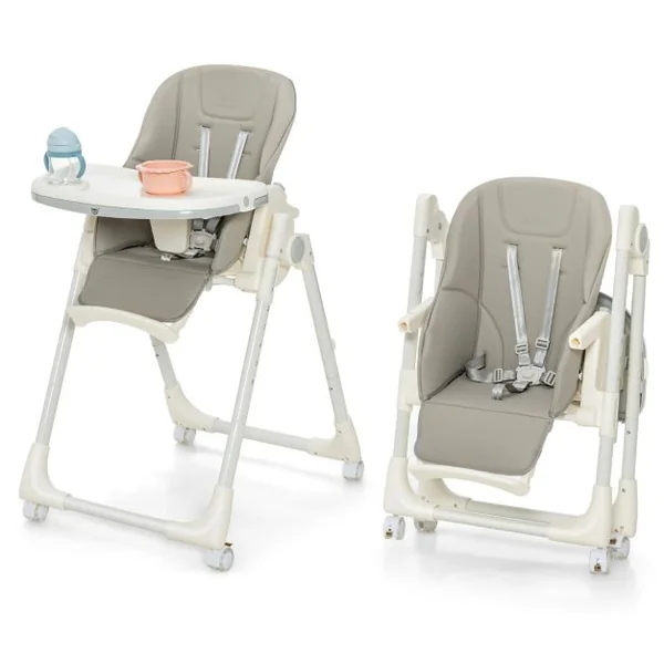 Chaise Haute Pliante Bébé avec Hauteur Réglable Chaise d’Alimentation avec Plateau Amovible 4 Roues Verrouillables Charge Gris 15kg 6-36 Mois
