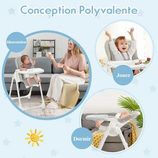 Chaise Haute Pliante Bébé avec Hauteur Réglable Chaise d’Alimentation avec Plateau Amovible 4 Roues Verrouillables Charge Gris 15kg 6-36 Mois