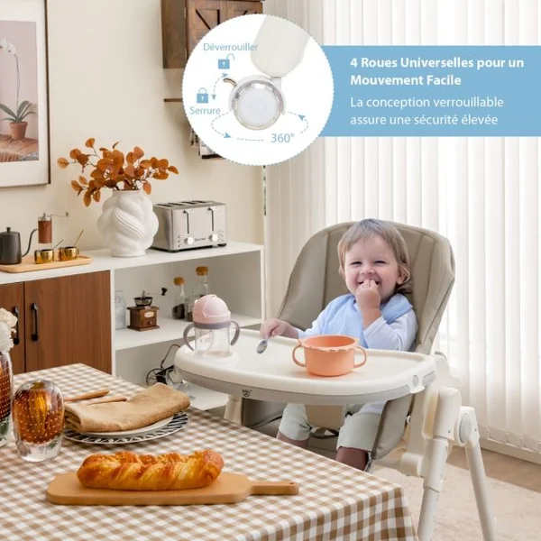Chaise Haute Pliante Bébé avec Hauteur Réglable Chaise d’Alimentation avec Plateau Amovible 4 Roues Verrouillables Charge Gris 15kg 6-36 Mois