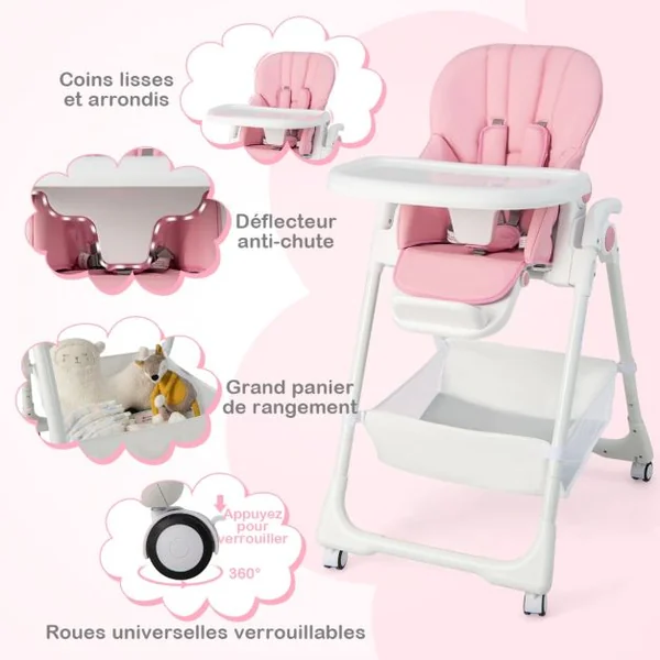 Chaise Haute Pliante Bébé Chaise Convertible pour Nourrissons avec 7 Hauteurs Dossier et Repose-Pieds Ajustables Plateau Réglable Harnais 5 Points et 4 Roues pour 6-36 Mois Rose