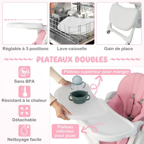 Chaise Haute Pliante Bébé Chaise Convertible pour Nourrissons avec 7 Hauteurs Dossier et Repose-Pieds Ajustables Plateau Réglable Harnais 5 Points et 4 Roues pour 6-36 Mois Rose