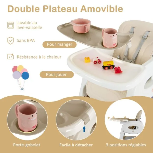 Chaise Haute Pour Bébé 6 En 1 Chaise Haute Convertible/Siège d'Appoint/Table Et Chaise Avec Double Plateau Amovible Harnais De Sécurité 5 Points Beige