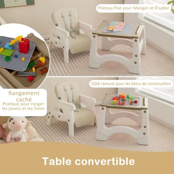 Chaise Haute Pour Bébé 6 En 1 Chaise Haute Convertible/Siège d'Appoint/Table Et Chaise Avec Double Plateau Amovible Harnais De Sécurité 5 Points Beige
