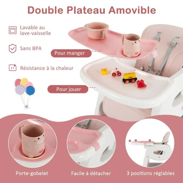Chaise Haute Pour Bébé 6 En 1 Chaise Haute Convertible/Siège d'Appoint/Table Et Chaise Avec Double Plateau Amovible Harnais De Sécurité 5 Points Rose