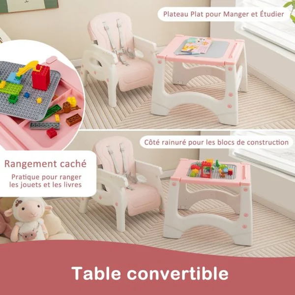 Chaise Haute Pour Bébé 6 En 1 Chaise Haute Convertible/Siège d'Appoint/Table Et Chaise Avec Double Plateau Amovible Harnais De Sécurité 5 Points Rose