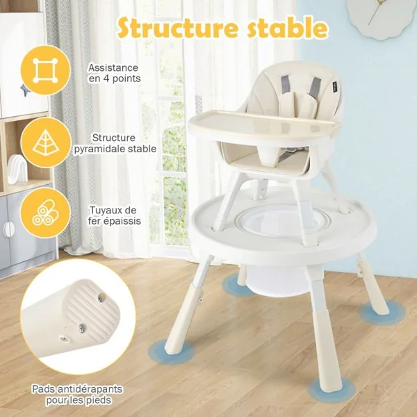 Chaise Haute pour Bébé 6-en-1 avec Ceinture de Sécurité Hauteur Réglable Plateau et Panier de Rangement Beige
