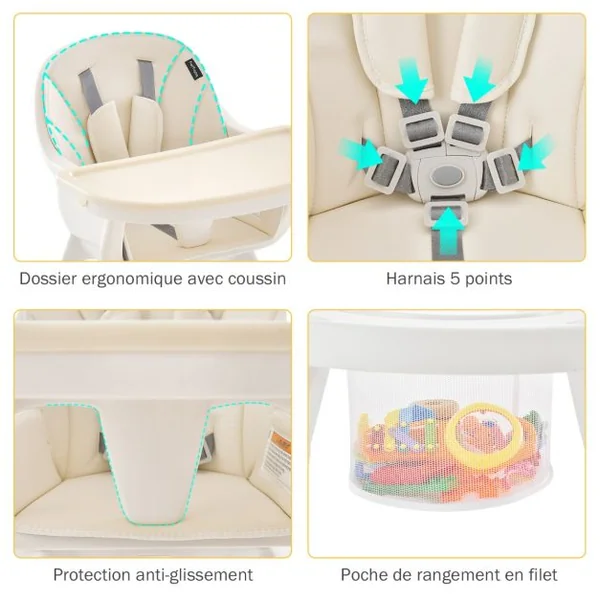 Chaise Haute pour Bébé 6-en-1 avec Ceinture de Sécurité Hauteur Réglable Plateau et Panier de Rangement Beige