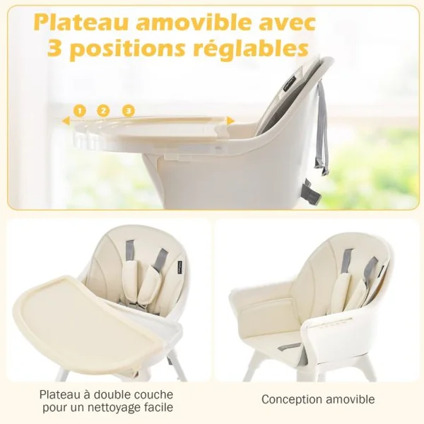 Chaise Haute pour Bébé 6-en-1 avec Ceinture de Sécurité Hauteur Réglable Plateau et Panier de Rangement Beige